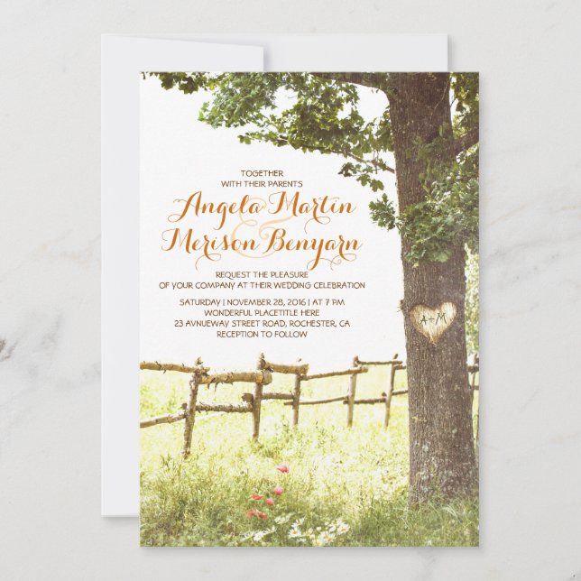invitación a la boda rústica de árbol del corazón (Anverso)