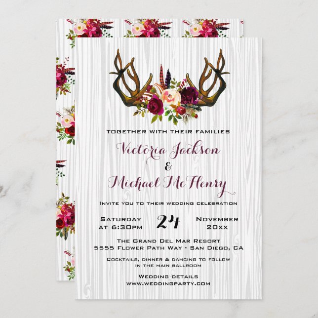 Invitación a la boda rústica de Boho con renos (Anverso / Reverso)