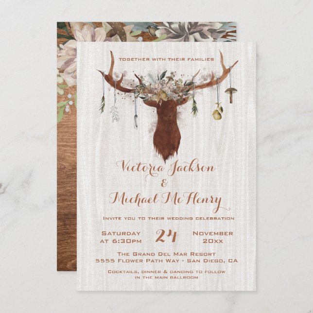 Invitación a la boda rústica de Boho con renos (Anverso / Reverso)