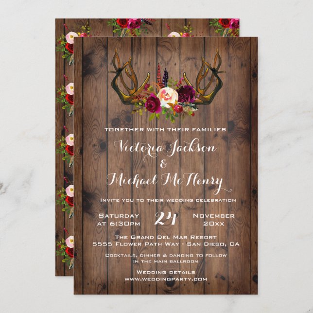 Invitación a la boda rústica de Boho con renos (Anverso / Reverso)