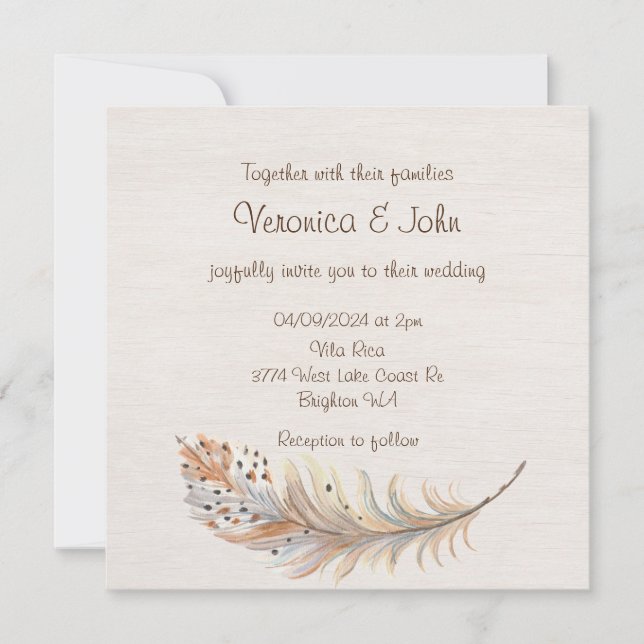 Invitación a la boda rústica de Boho plumas (Anverso)