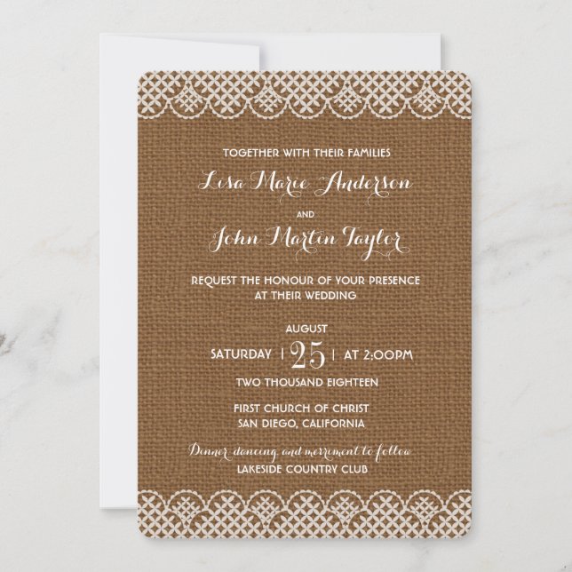 Invitación a la Boda Rústica de Burlap Lace (Anverso)