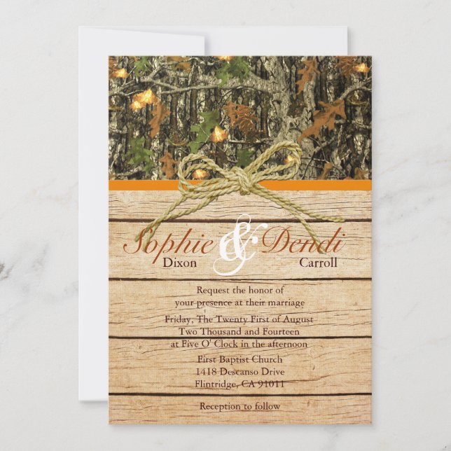 Invitación a la boda rústica de camo (Anverso)
