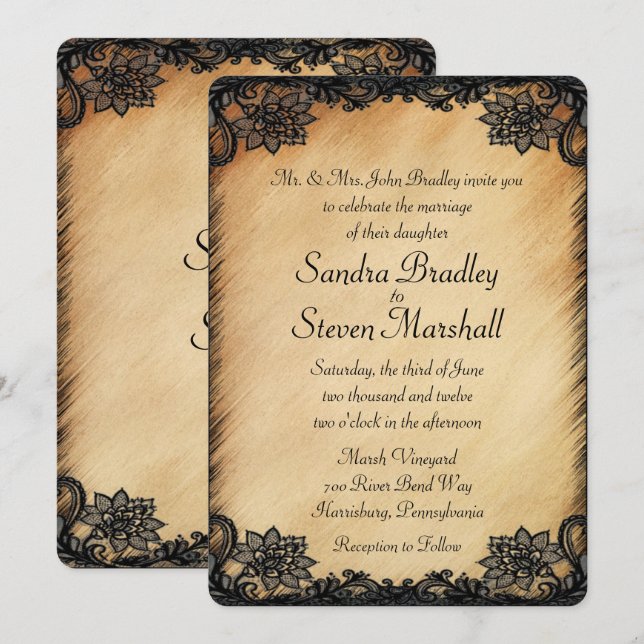 Invitación a la boda rústica de encaje (Anverso / Reverso)
