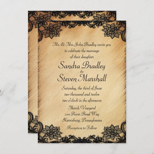 Invitación a la boda rústica de encaje (Anverso / Reverso)