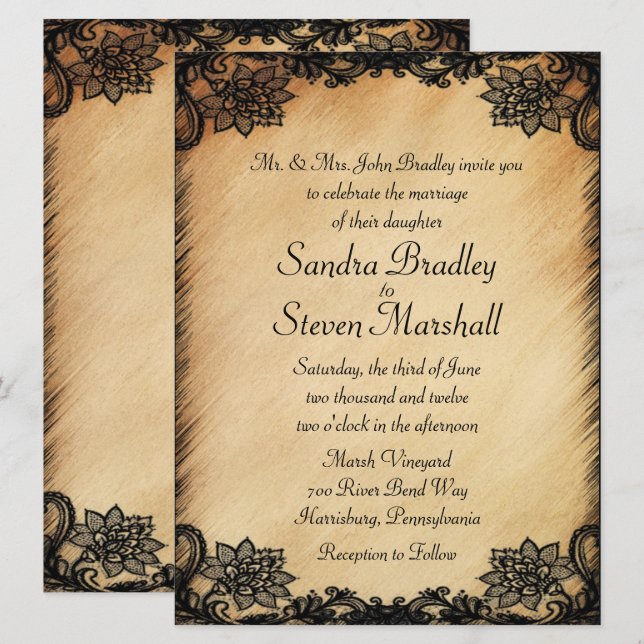 Invitación a la boda rústica de encaje (Anverso / Reverso)