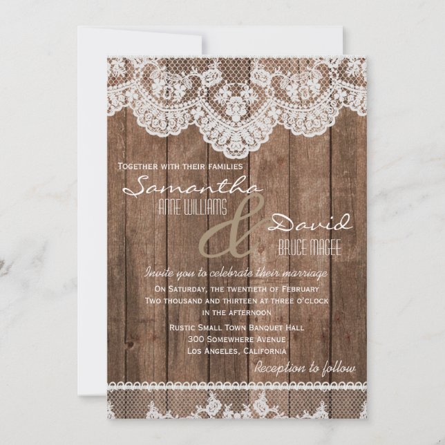 Invitación a la boda rústica de encaje blanco y ma (Anverso)