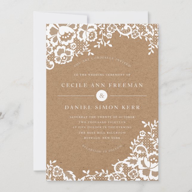 Invitación a la boda rústica de encaje del país (Anverso)