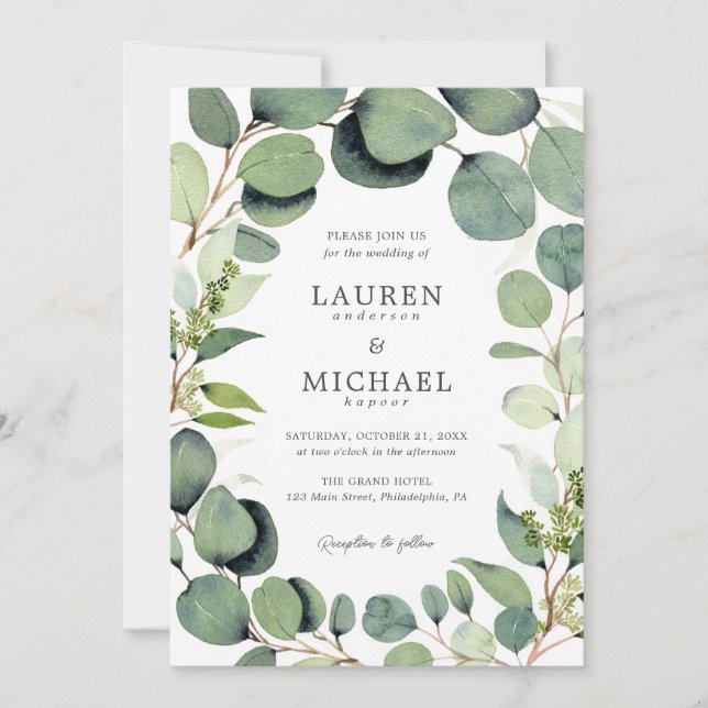 Invitación a la boda rústica de Eucalyptus Greener (Anverso)