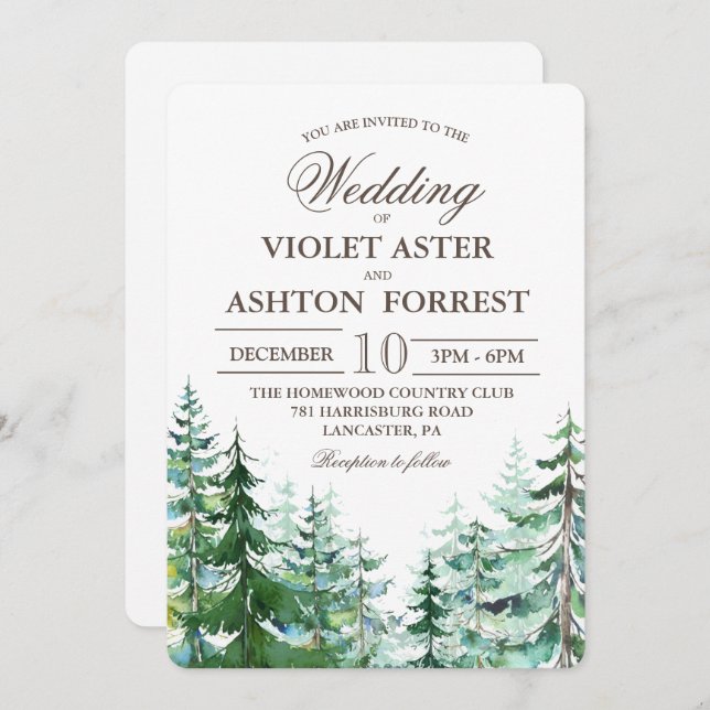 Invitación a la boda rústica de Fir Tree (Anverso / Reverso)