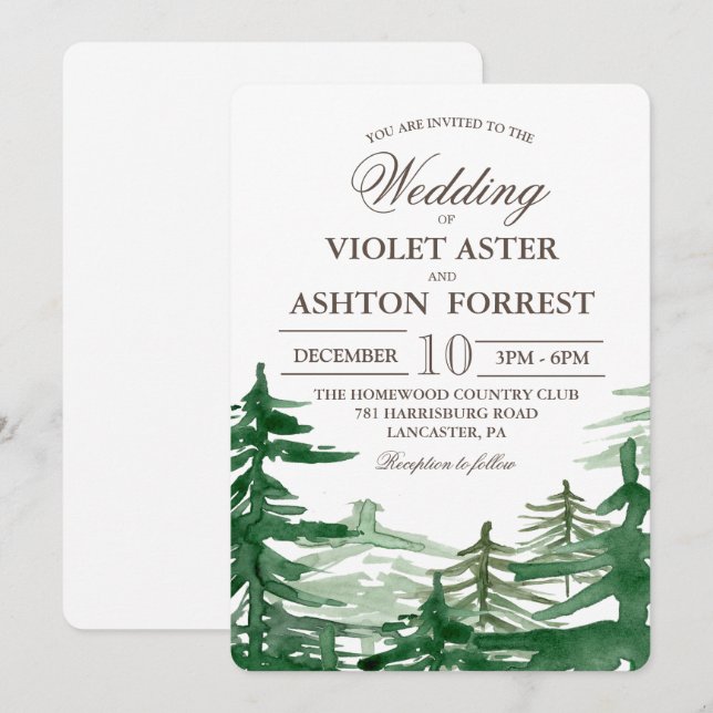 Invitación a la boda rústica de Fir Tree (Anverso / Reverso)