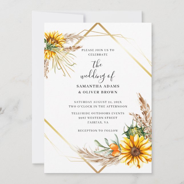 Invitación a la boda rústica de girasol acuarela (Anverso)