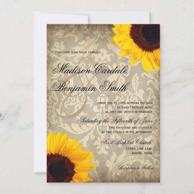 Invitación a la boda rústica de girasol de Damasco (Anverso)