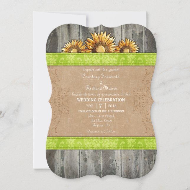 Invitación a la boda Rústica de Girasol Lime Green (Anverso)