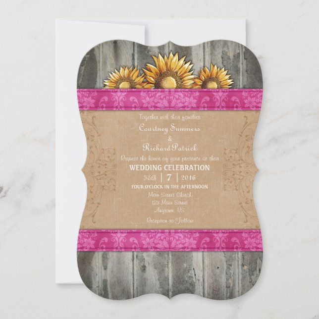 Invitación a la boda rustica de girasol rosado (Anverso)