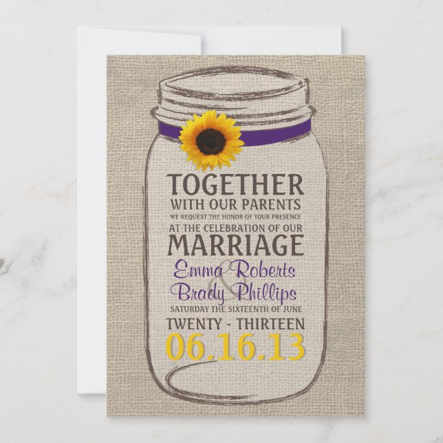 Invitación a la boda rústica de girasol y jarrón (Anverso)