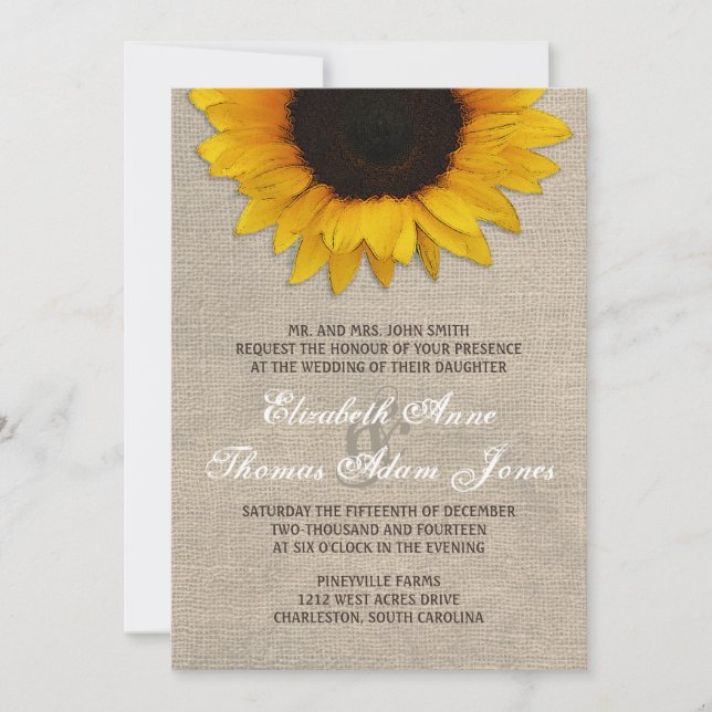 Invitación a la boda rústica de girasoles y bodas (Anverso)