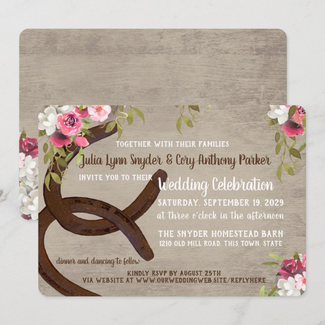 Invitación a la boda rústica de herraduras florale (Anverso / Reverso)
