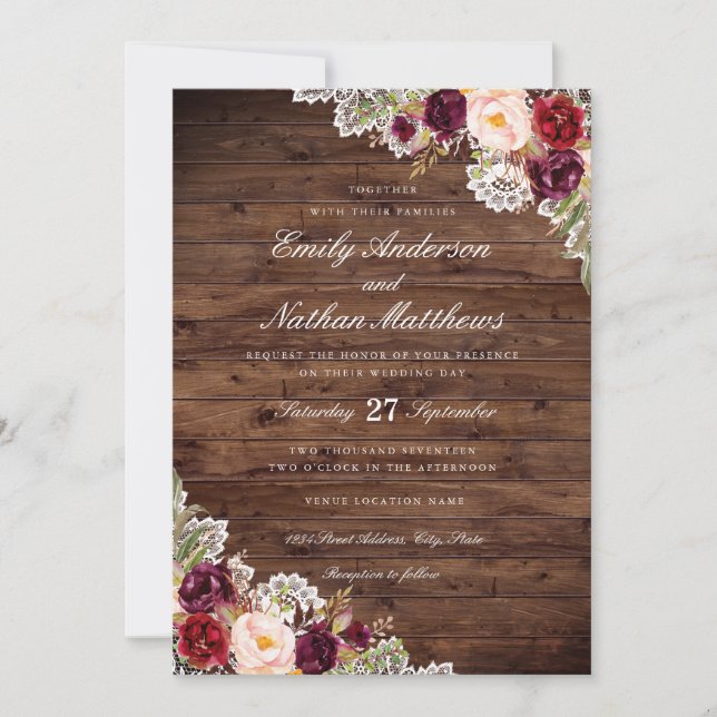 Invitación a la boda rústica de la boda de la flor (Anverso)