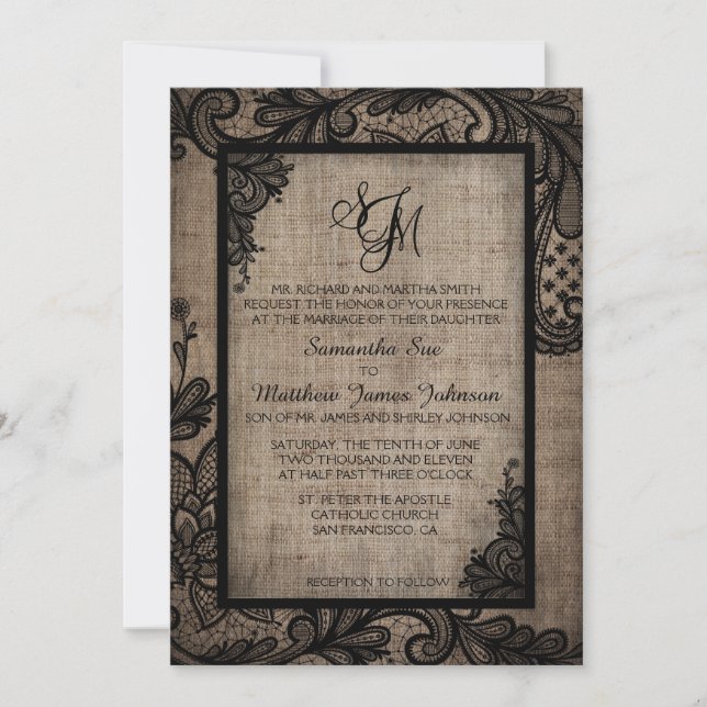 Invitación a la Boda Rústica de la Burlap de la La (Anverso)