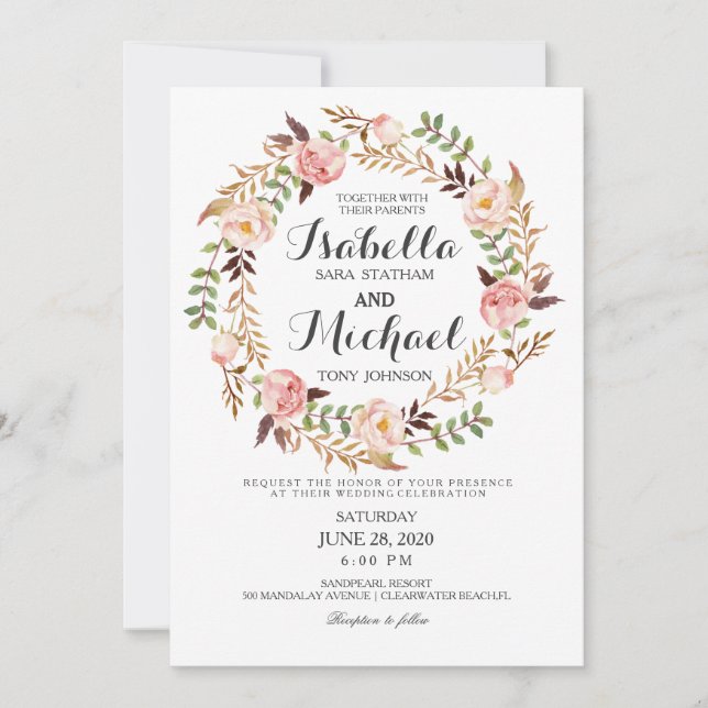 Invitación a la boda rústica de la floral Wreath (Anverso)