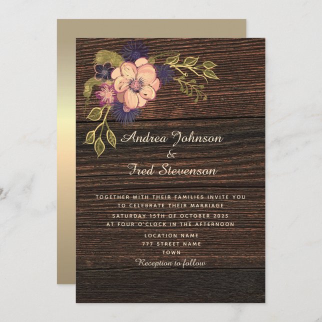 Invitación a la boda rústica de la madera floral (Anverso / Reverso)