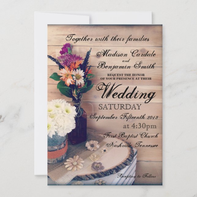 Invitación a la boda rústica de la madera y las fl (Anverso)