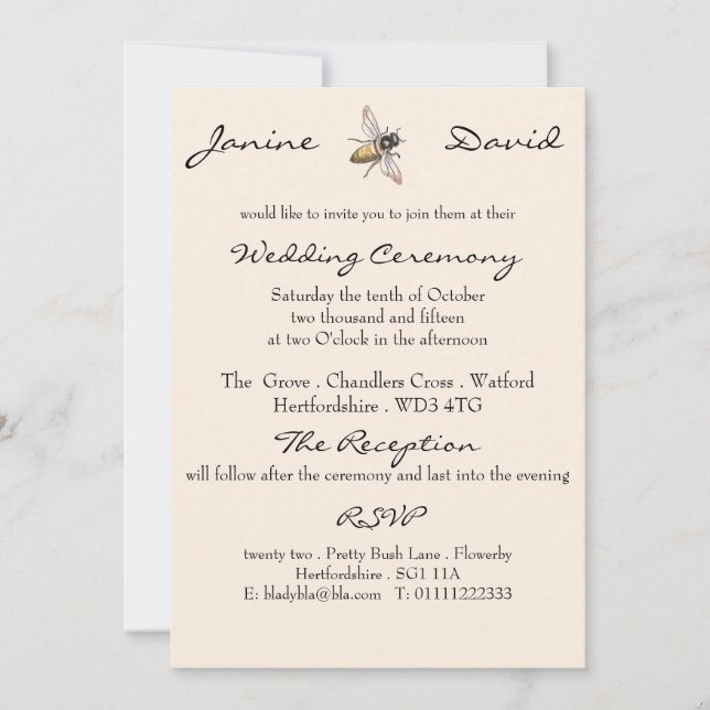 Invitación a la boda rústica de la pequeña abeja (Anverso)