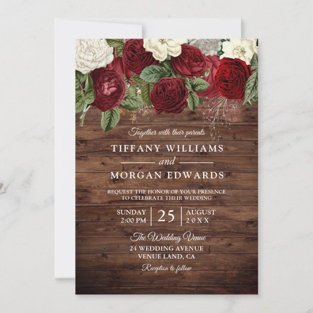 Invitación a la boda rústica de la rosa blanca bor (Anverso)
