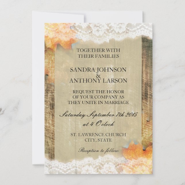 Invitación a la boda rústica de Lace de Otoño (Anverso)