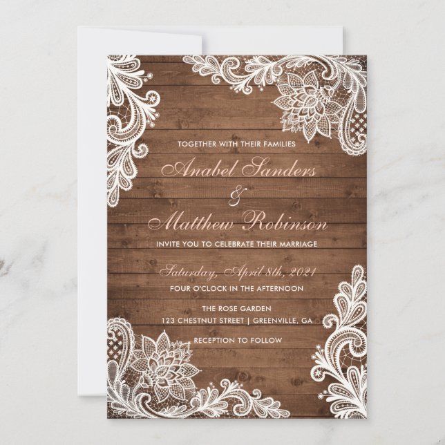 Invitación a la boda rústica de Lace Wood (Anverso)