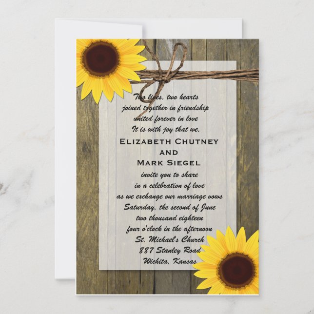 Invitación a la boda rústica de los girasoles en e (Anverso)