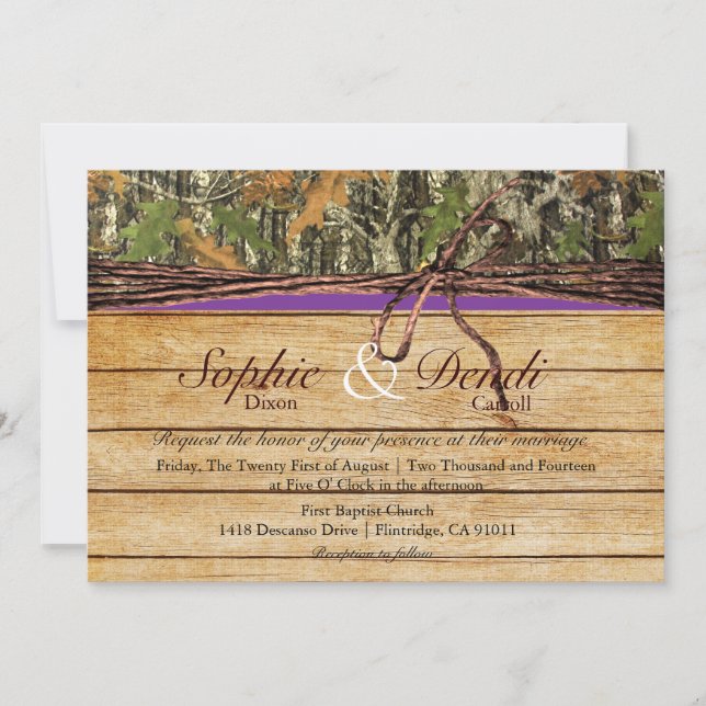 Invitación a la boda rústica de madera de camo (Anverso)