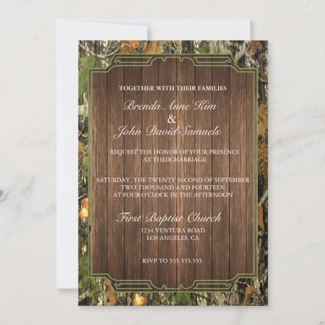 Invitación a la boda rústica de madera de camo (Anverso)