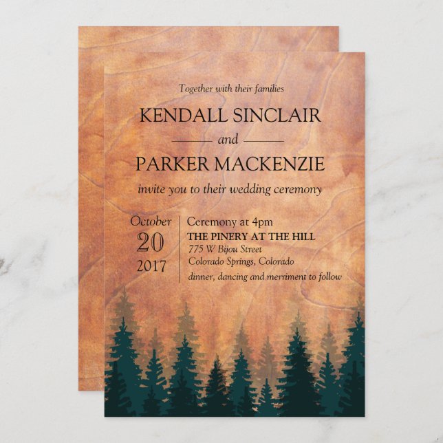Invitación a la boda rústica de madera forestal (Anverso / Reverso)