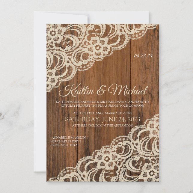 Invitación a la boda rústica de madera y beige/enc (Anverso)