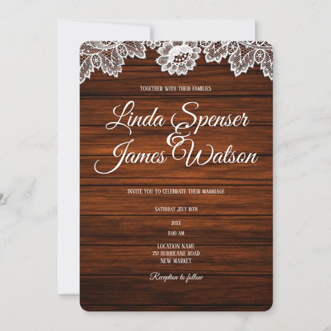 Invitación a la boda rústica de madera y encaje (Anverso)
