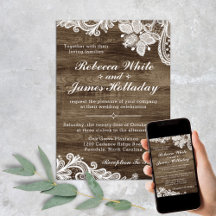 Invitación a la boda rústica de madera y encaje