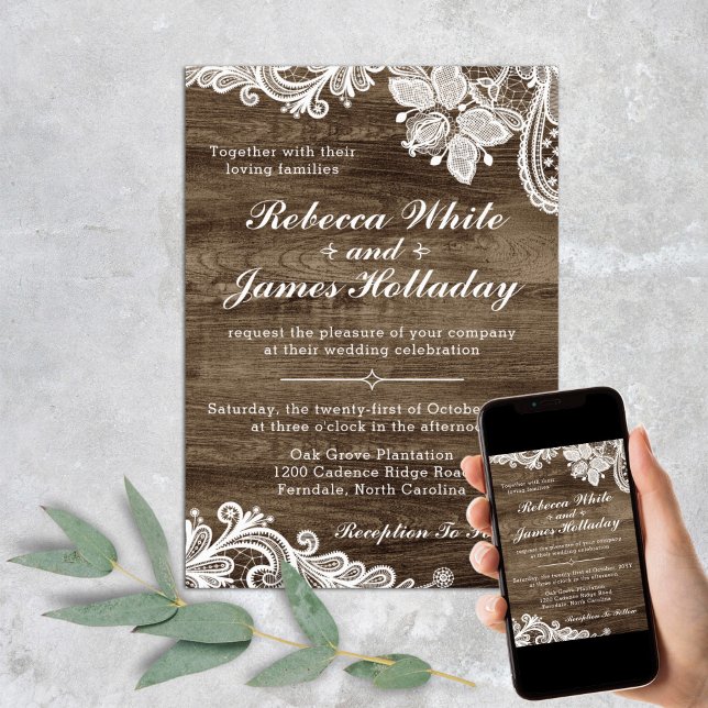 Invitación a la boda rústica de madera y encaje (Subido por el creador)