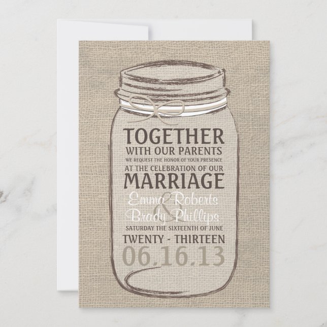Invitación a la boda rústica de Mason Jar - Beige  (Anverso)