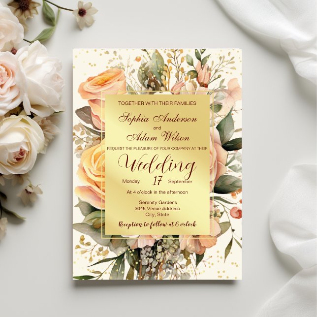 Invitación a la boda Rústica de Peach y Gold Flowe (Subido por el creador)
