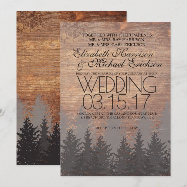 Invitación a la boda rústica del árbol del pino (Anverso / Reverso)