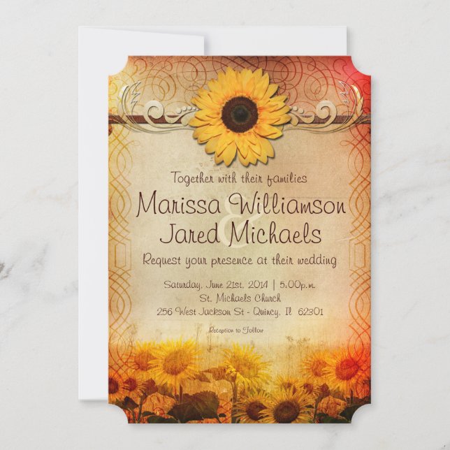 Invitación a la boda rústica del campo del girasol (Anverso)