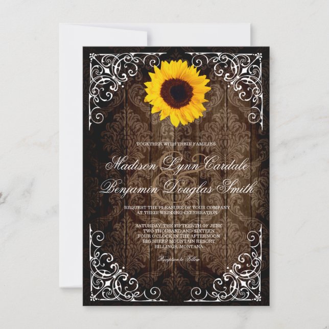 Invitación a la boda rústica del girasol de Damasc (Anverso)