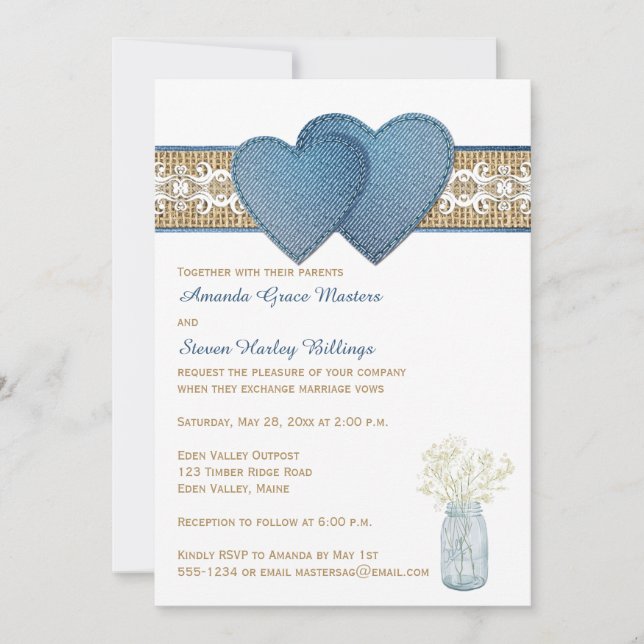 Invitación a la boda rústica| Denim, Lace, Burlap (Anverso)