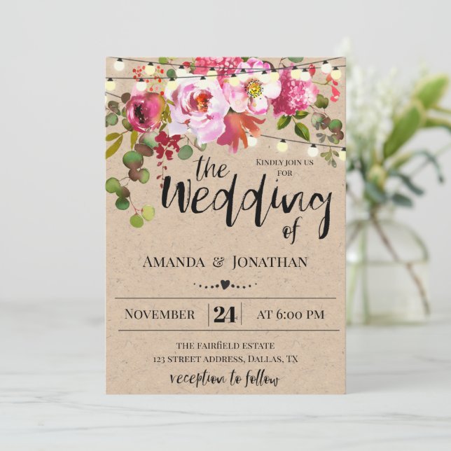 Invitación a la boda rústica floral (Anverso de pie)
