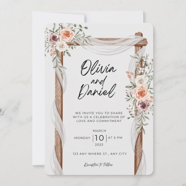 Invitación a la boda Rústica Floral Blanca Marrón (Anverso)