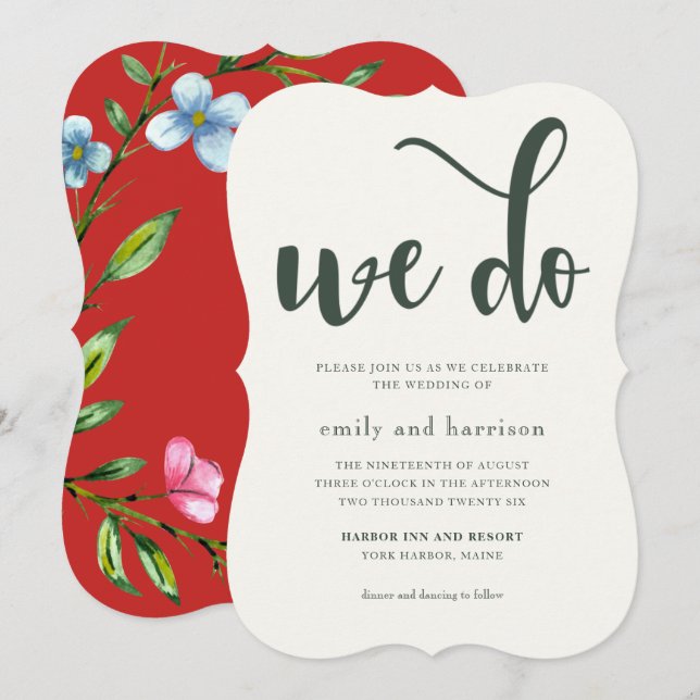 Invitación a la boda rústica floral-roja de bonito (Anverso / Reverso)