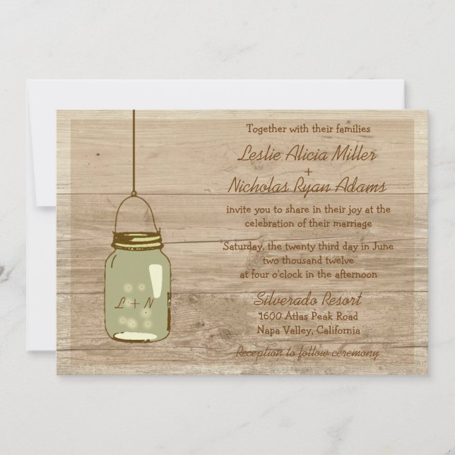 Invitación a la boda rústica Mason de Madera del P (Anverso)