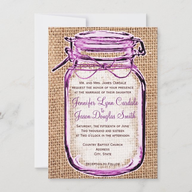 Invitación a la boda rustica Mason Jar Burlap (Anverso)